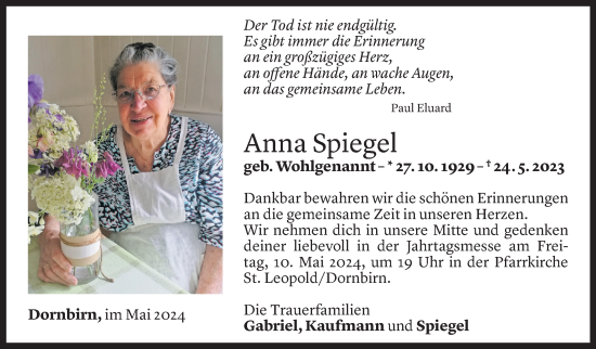 Todesanzeige von Anna Spiegel von Vorarlberger Nachrichten