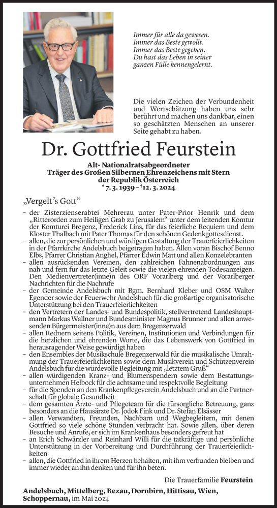Todesanzeige von Gottfried Feurstein von Vorarlberger Nachrichten