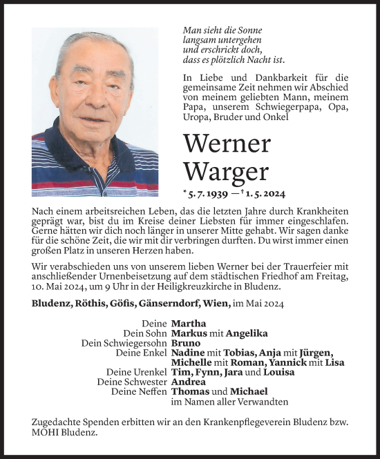 Todesanzeige von Werner Warger von Vorarlberger Nachrichten