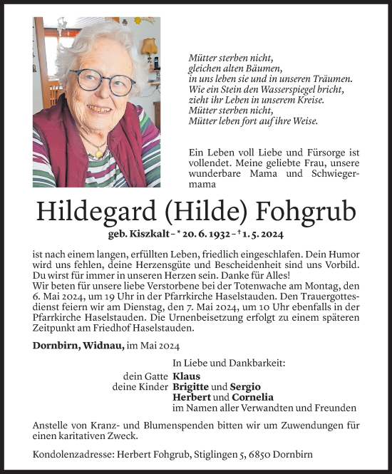 Todesanzeige von Hildegard Fohgrub von Vorarlberger Nachrichten