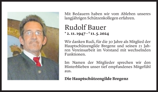 Todesanzeige von Rudolf Bauer von Vorarlberger Nachrichten