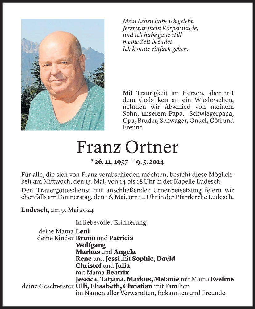  Todesanzeige für Franz Ortner vom 10.05.2024 aus Vorarlberger Nachrichten