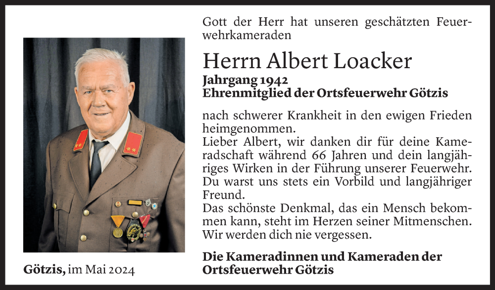  Todesanzeige für Albert Loacker vom 24.05.2024 aus Vorarlberger Nachrichten