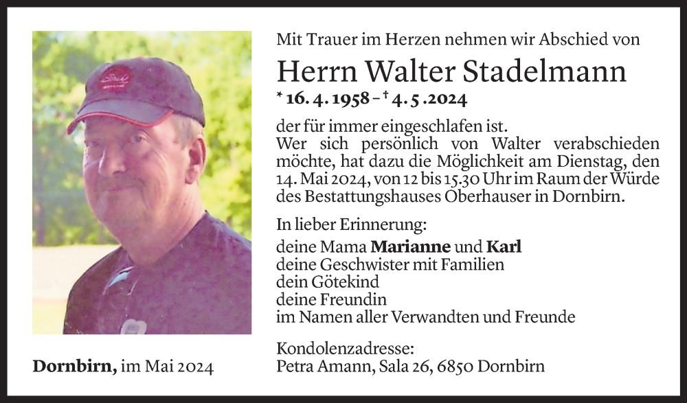  Todesanzeige für Walter Stadelmann vom 10.05.2024 aus Vorarlberger Nachrichten