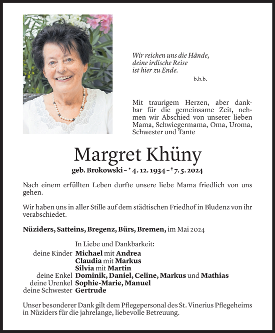 Todesanzeige von Margret Khüny von Vorarlberger Nachrichten