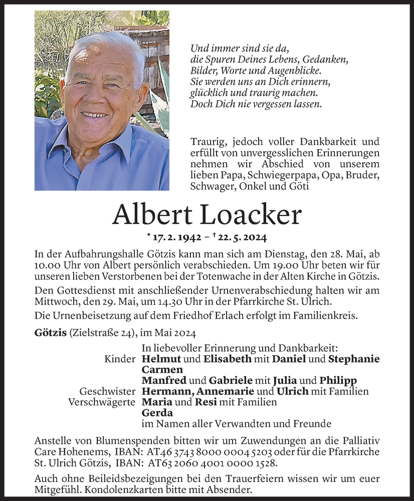  Todesanzeige für Albert Loacker vom 24.05.2024 aus Vorarlberger Nachrichten