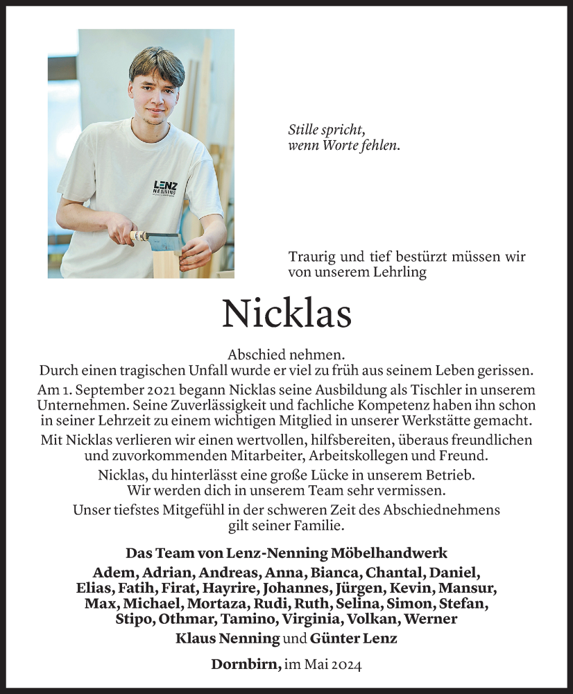  Todesanzeige für Nicklas König vom 08.05.2024 aus Vorarlberger Nachrichten