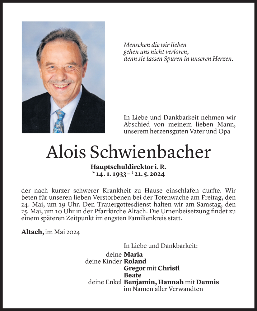  Todesanzeige für Alois Schwienbacher vom 23.05.2024 aus Vorarlberger Nachrichten