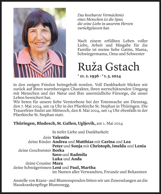 Todesanzeige von Ruza Gstach von Vorarlberger Nachrichten