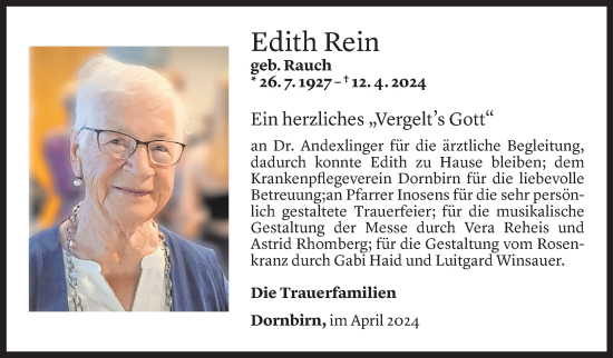 Todesanzeige von Edith Rein von Vorarlberger Nachrichten