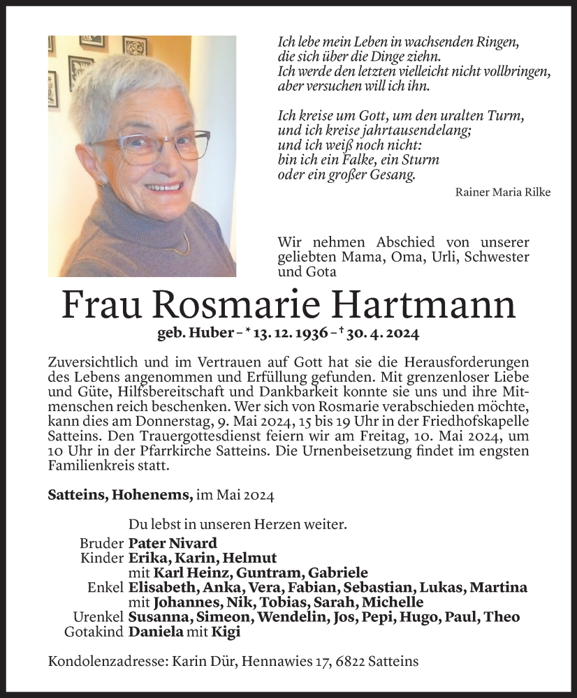  Todesanzeige für Rosmarie Hartmann vom 03.05.2024 aus Vorarlberger Nachrichten