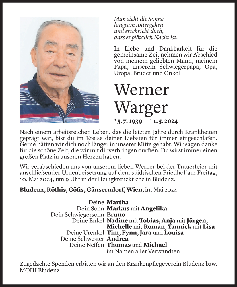  Todesanzeige für Werner Warger vom 06.05.2024 aus Vorarlberger Nachrichten