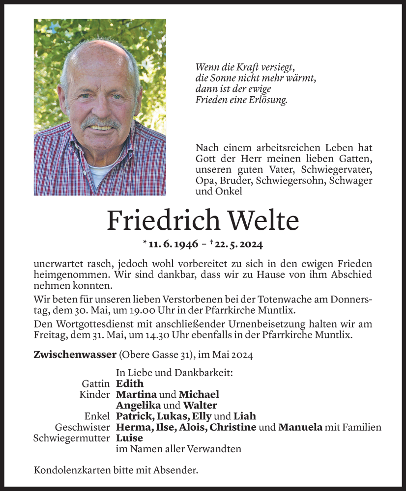  Todesanzeige für Friedrich Welte vom 26.05.2024 aus Vorarlberger Nachrichten