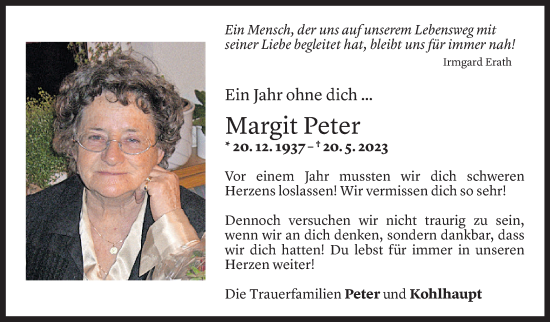 Todesanzeige von Margit Peter von Vorarlberger Nachrichten