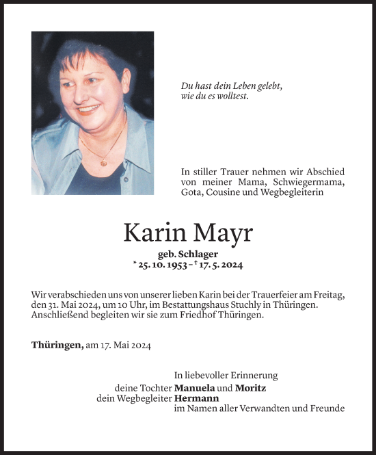 Todesanzeige von Karin Mayr von Vorarlberger Nachrichten