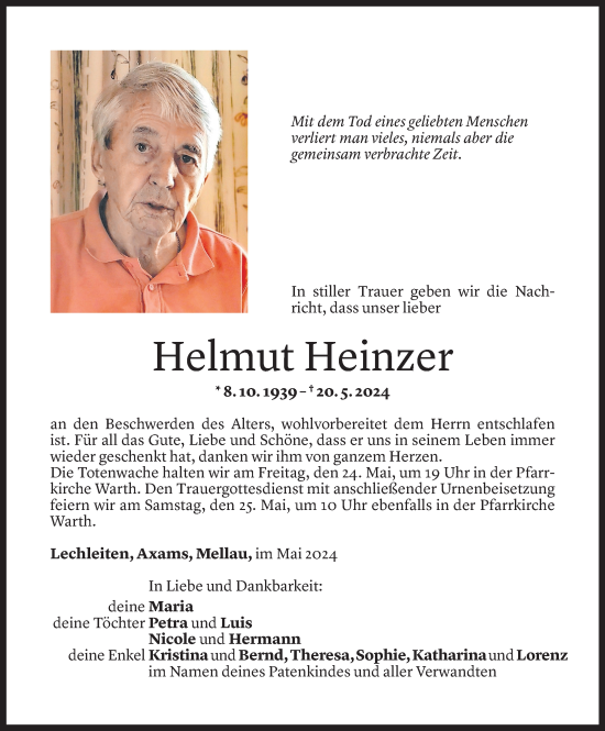 Todesanzeige von Helmut Heinzer von Vorarlberger Nachrichten