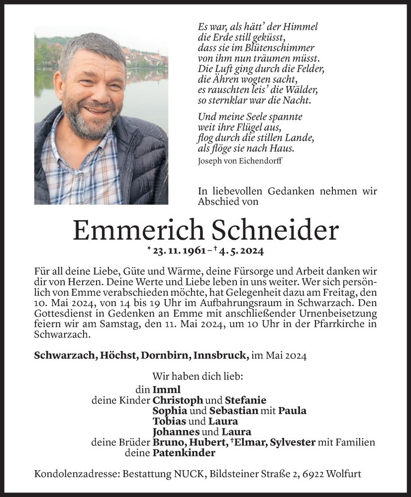  Todesanzeige für Emmerich Schneider vom 08.05.2024 aus Vorarlberger Nachrichten