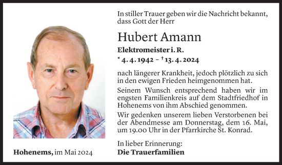 Todesanzeige von Hubert Amann von Vorarlberger Nachrichten