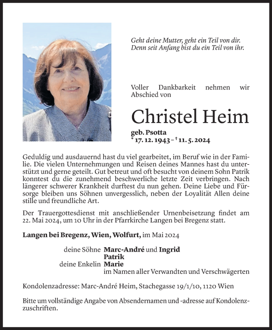 Todesanzeige von Christl Heim von Vorarlberger Nachrichten