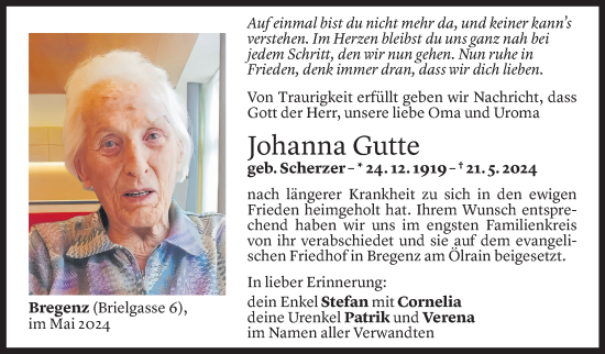 Todesanzeige von Johanna Gutte von Vorarlberger Nachrichten