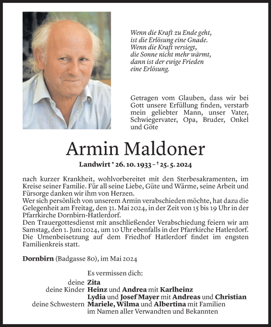 Todesanzeige von Armin Maldoner von Vorarlberger Nachrichten