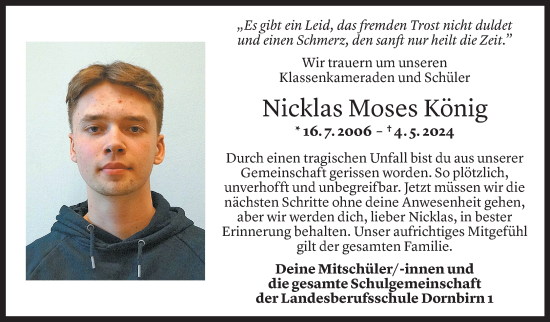 Todesanzeige von Nicklas König von Vorarlberger Nachrichten