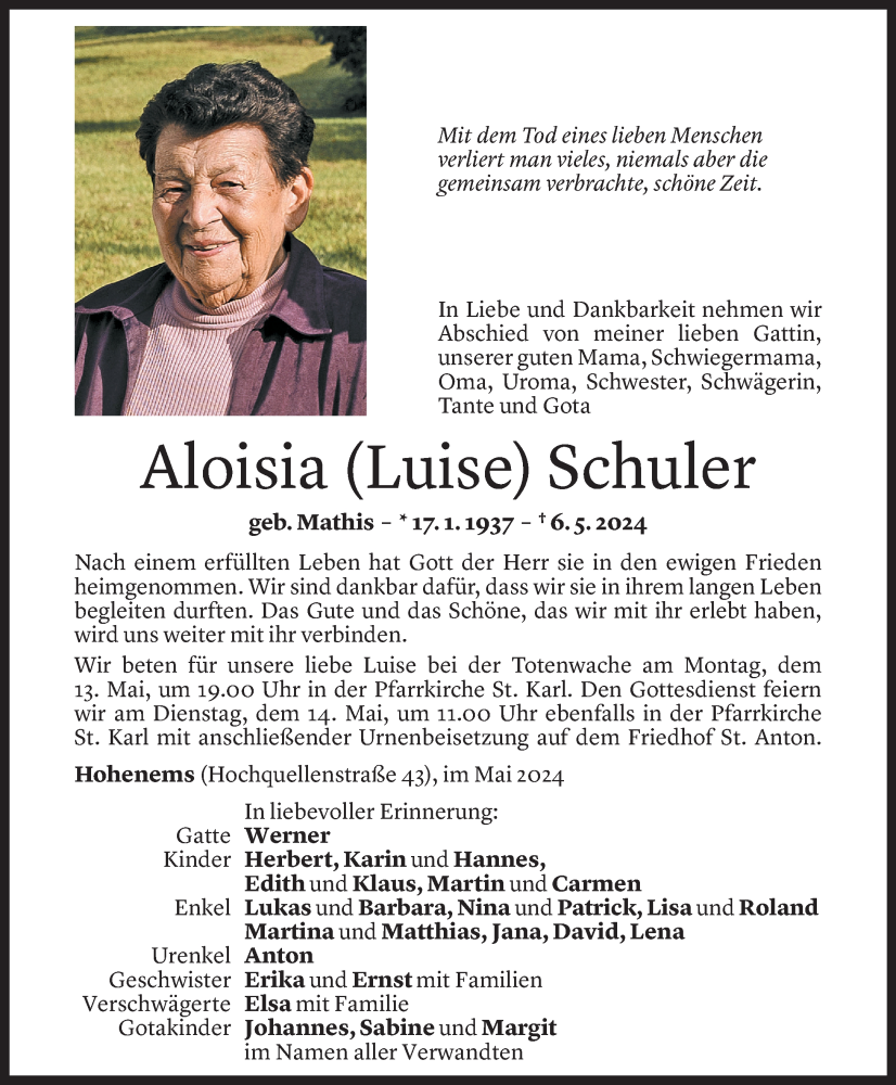  Todesanzeige für Aloisia Schuler vom 10.05.2024 aus Vorarlberger Nachrichten