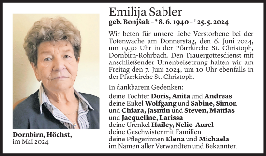 Todesanzeige von Emilija Sabler von Vorarlberger Nachrichten