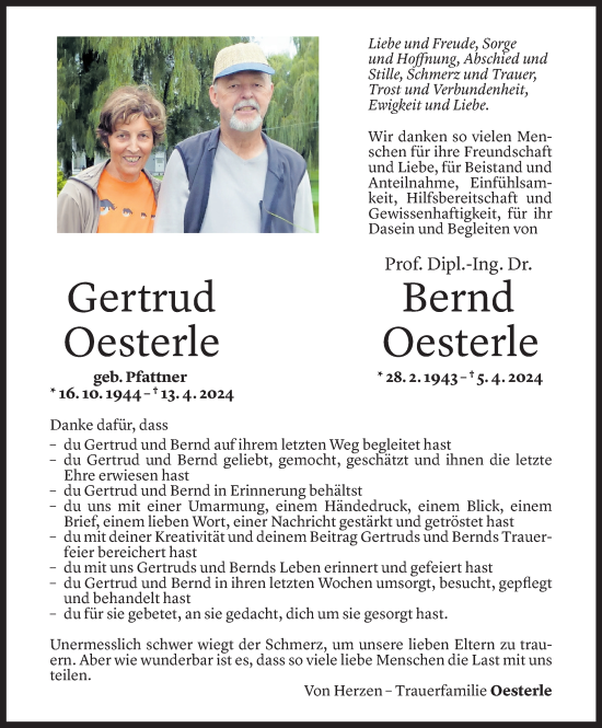 Todesanzeige von Bernd Oesterle von Vorarlberger Nachrichten