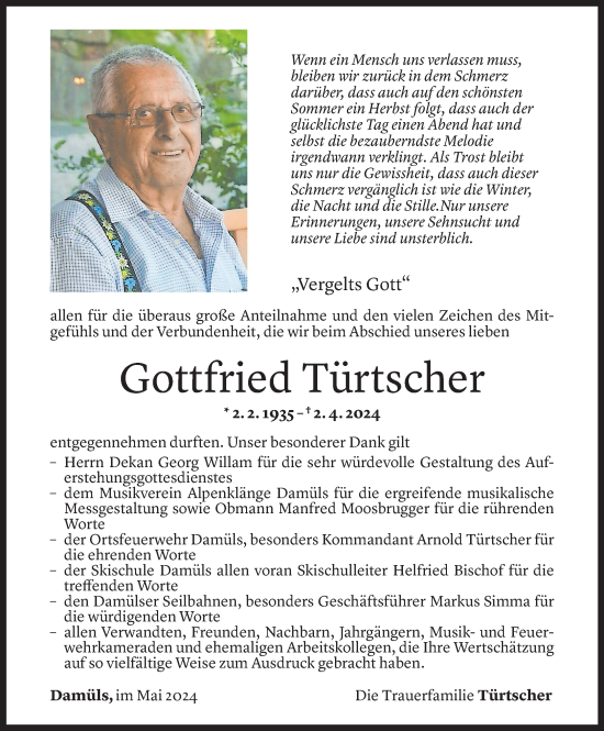 Todesanzeige von Gottfried Türtscher von Vorarlberger Nachrichten