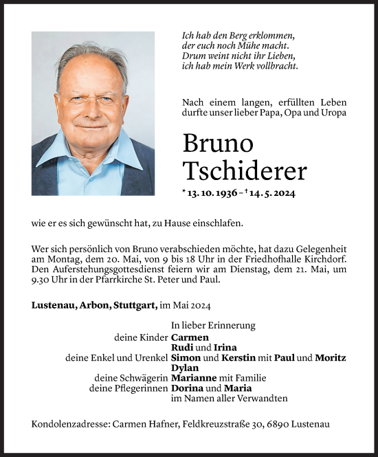 Todesanzeige von Bruno Tschiderer von Vorarlberger Nachrichten