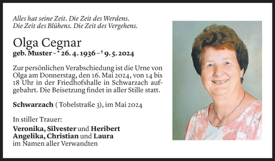 Todesanzeige von Olga Cegnar von Vorarlberger Nachrichten