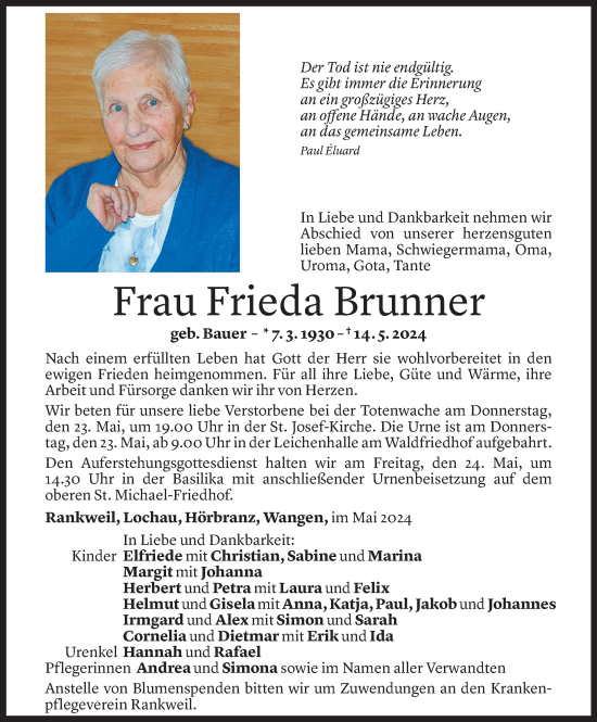 Todesanzeige von Frieda Brunner von Vorarlberger Nachrichten