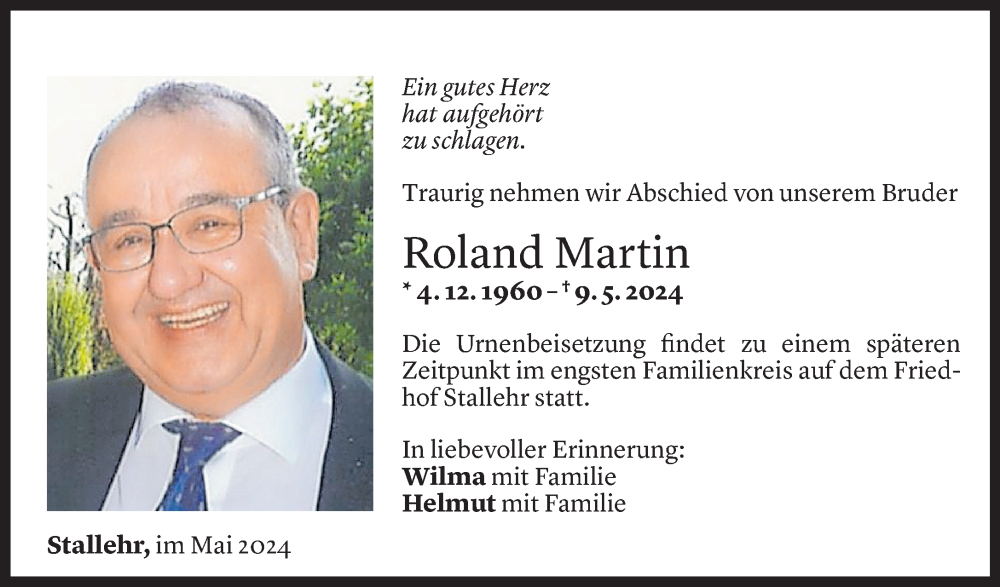 Todesanzeige für Roland Paul Martin vom 25.05.2024 aus Vorarlberger Nachrichten