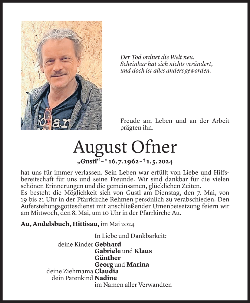  Todesanzeige für August Ofner vom 05.05.2024 aus Vorarlberger Nachrichten