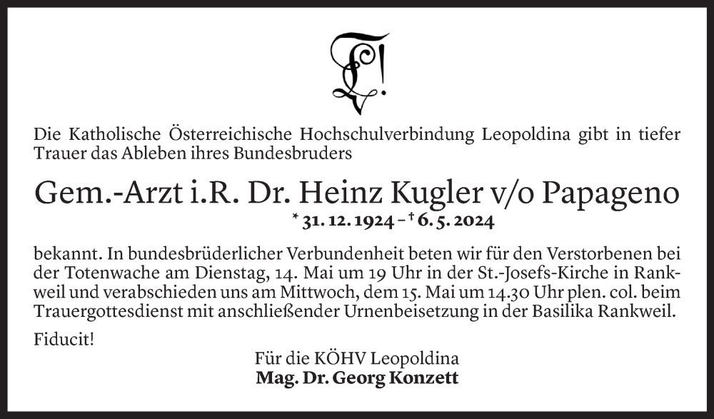  Todesanzeige für Heinz Kugler vom 10.05.2024 aus Vorarlberger Nachrichten