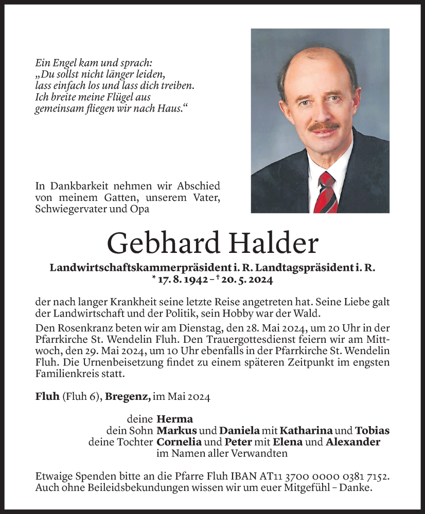  Todesanzeige für Gebhard Halder vom 24.05.2024 aus Vorarlberger Nachrichten