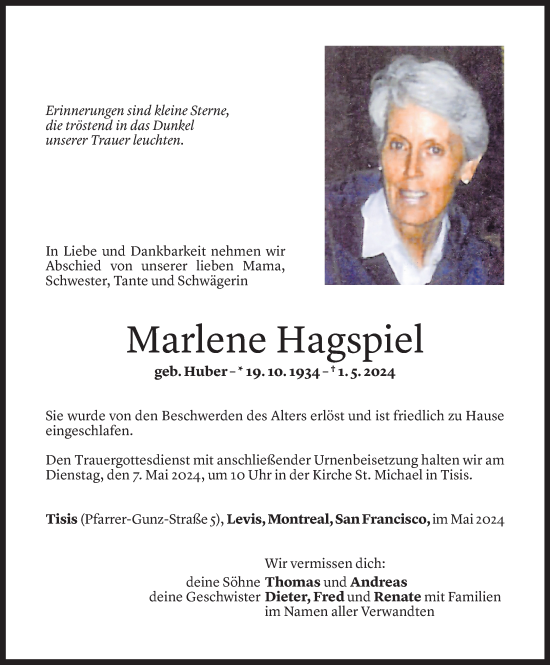 Todesanzeige von Marlene Hagspiel von Vorarlberger Nachrichten
