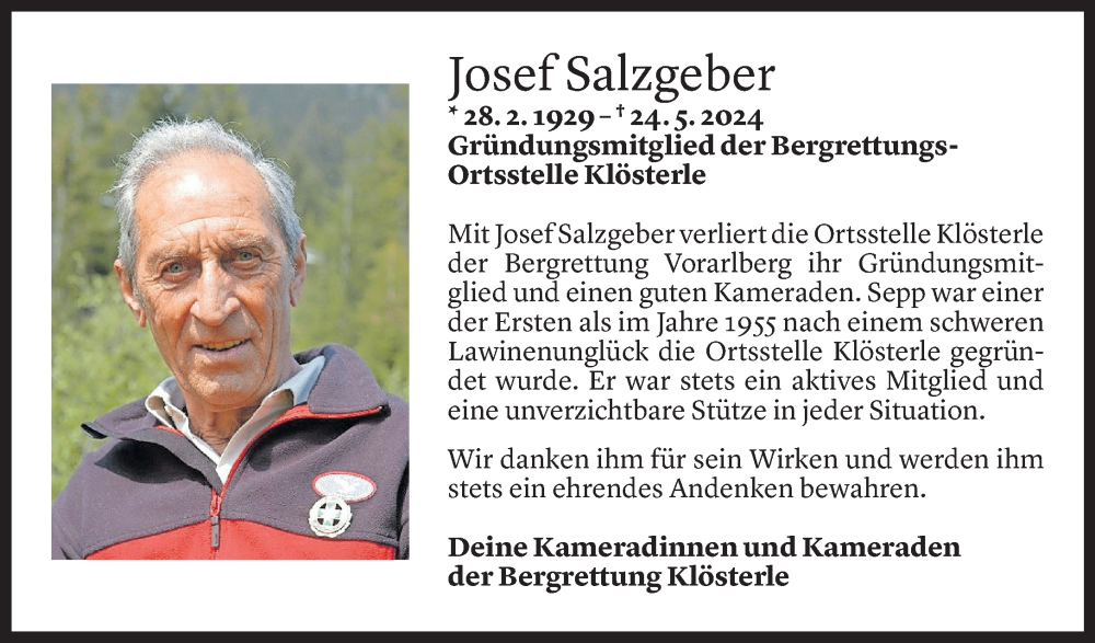  Todesanzeige für Josef Salzgeber vom 26.05.2024 aus Vorarlberger Nachrichten