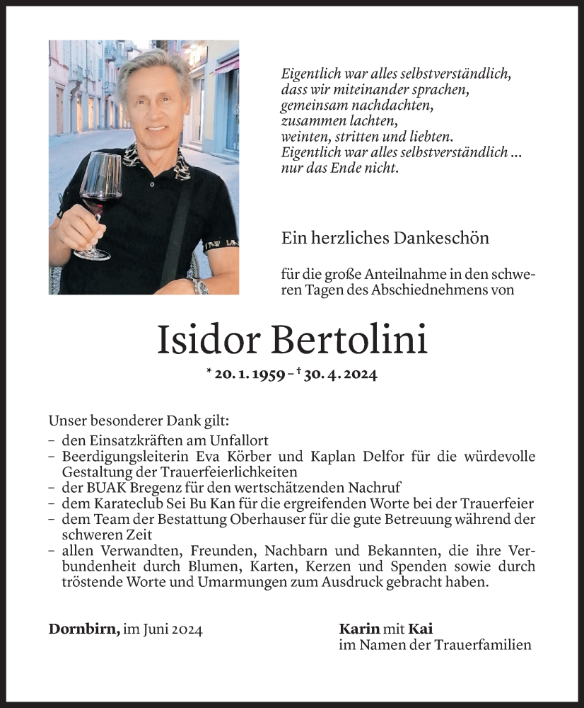  Todesanzeige für Isidor Bertolini vom 31.05.2024 aus Vorarlberger Nachrichten