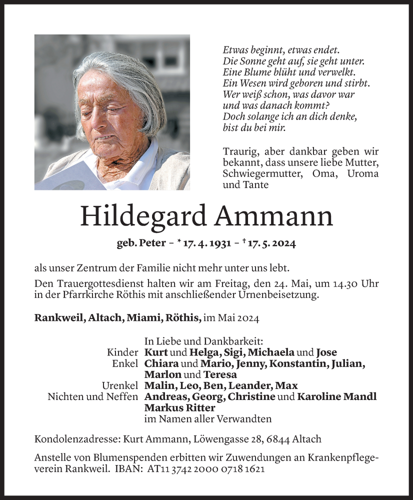 Todesanzeige für Hildegard Ammann vom 22.04.2024 aus Vorarlberger Nachrichten