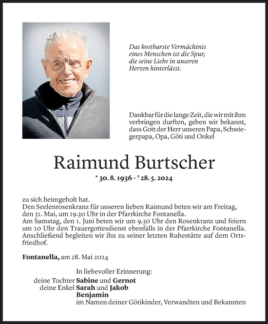 Todesanzeige von Raimund Burtscher von Vorarlberger Nachrichten