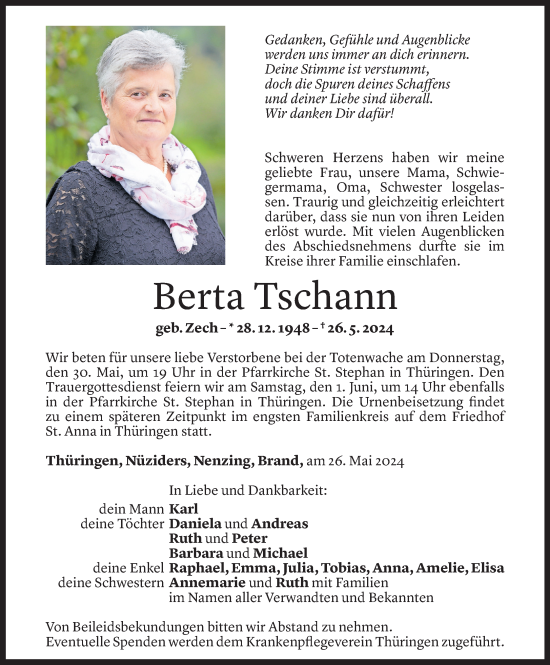 Todesanzeige von Berta Tschann von Vorarlberger Nachrichten