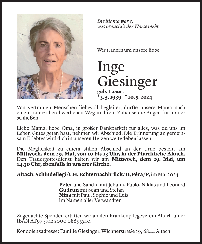  Todesanzeige für Inge Giesinger vom 24.05.2024 aus Vorarlberger Nachrichten