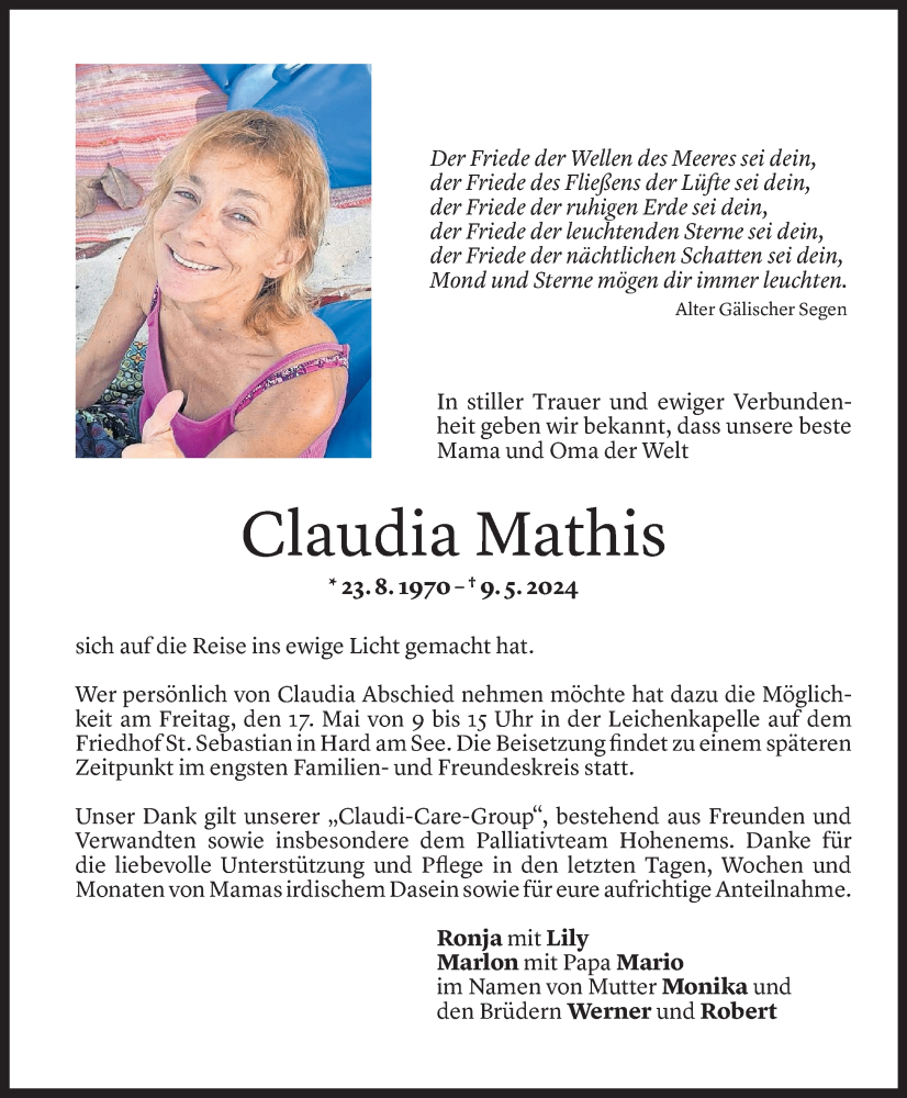  Todesanzeige für Claudia Mathis vom 15.05.2024 aus Vorarlberger Nachrichten