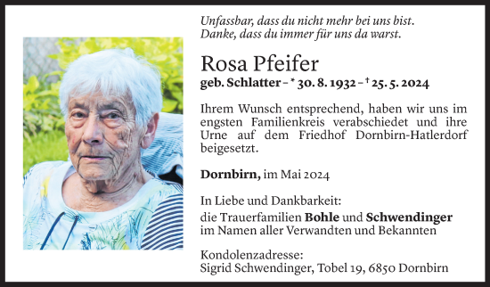 Todesanzeige von Rosa Pfeifer von Vorarlberger Nachrichten