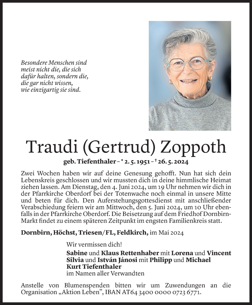  Todesanzeige für Traudi Zoppoth vom 31.05.2024 aus Vorarlberger Nachrichten