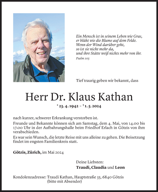 Todesanzeige von Klaus Kathan von Vorarlberger Nachrichten