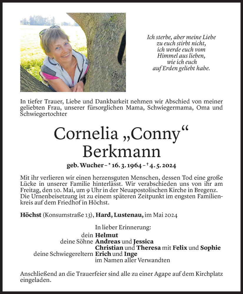  Todesanzeige für Cornelia Berkmann vom 07.05.2024 aus Vorarlberger Nachrichten