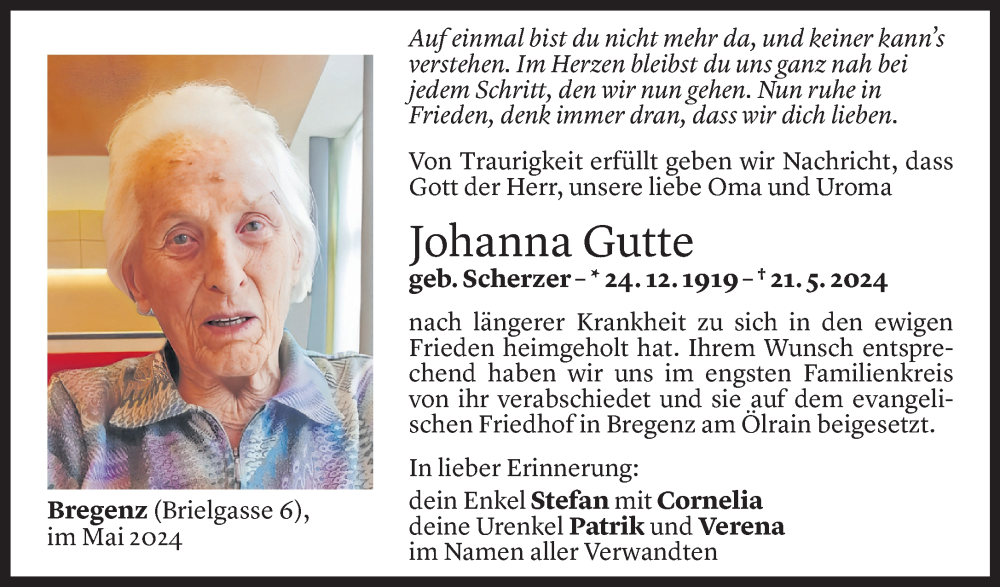  Todesanzeige für Johanna Gutte vom 25.05.2024 aus Vorarlberger Nachrichten